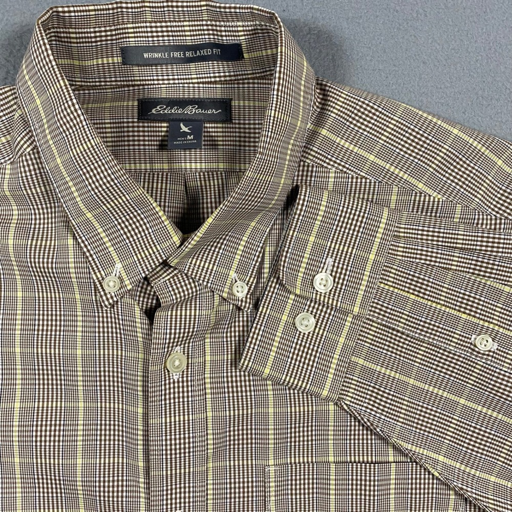 Eddie Bauer Mens Wrinkle Free Relaxed Fit Plaid Button Down Shirt Brown Yellow M